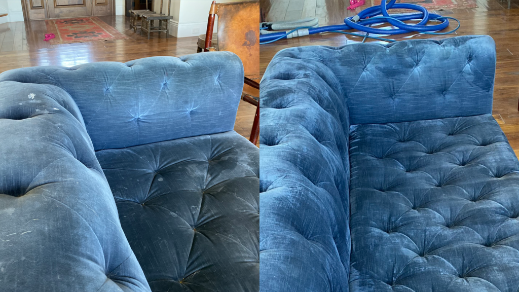 Photo collage of before and after shots from cleaning a blue velvet chesterfield sofa